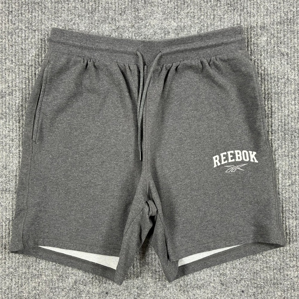 Reebok Mens Athletic Sweat Shorts Size Medium Gray Logo Drawstring Pockets